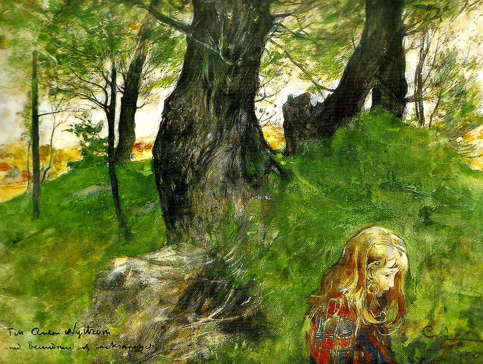 Suzanne i en skogsbacke Flickan i skogen
